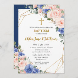 Royal Blue Blush Floral Gold Baptism Christening Kaart