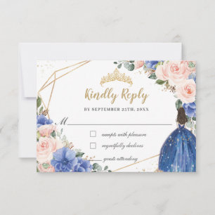 Royal Blue Blush Floral Quinceañera Princess Reply RSVP Kaartje
