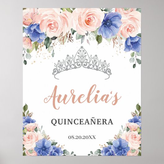 Royal Blue Blush Floral Quinceañera Tiara Welkom Poster (Voorkant)