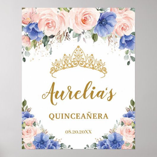 Royal Blue Blush Floral Quinceañera Tiara Welkom Poster (Voorkant)