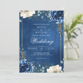Royal Blue Botanical Romance Wedding Kaart (Staand voorkant)