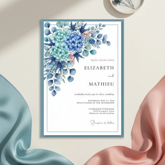 Royal Blue Botanical Romance Wedding Kaart
