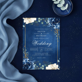 Royal Blue Botanical Romance Wedding Kaart