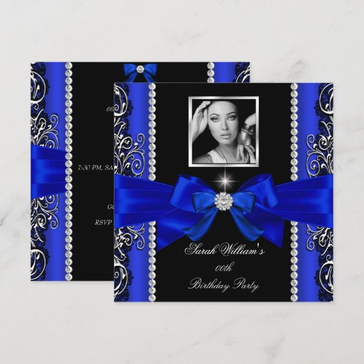 Royal Blue Bow Birthday Party Black Silver Foto 2 Kaart (Voorkant / Achterkant)