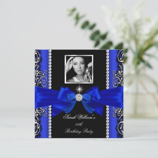 Royal Blue Bow Birthday Party Black Silver Foto 2 Kaart (Staand voorkant)