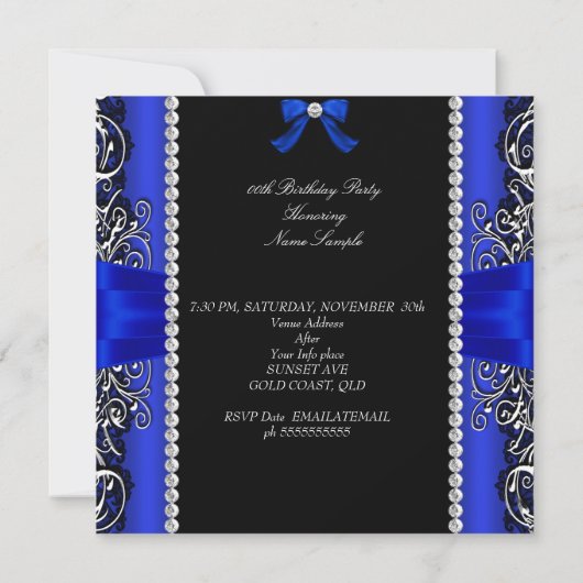 Royal Blue Bow Birthday Party Black Silver Foto 2 Kaart (Achterkant)