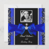 Royal Blue Bow Birthday Party Black Silver Foto 2 Kaart (Voorkant)