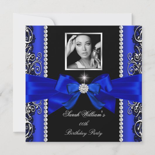 Royal Blue Bow Birthday Party Black Silver Foto 2 Kaart (Voorkant)