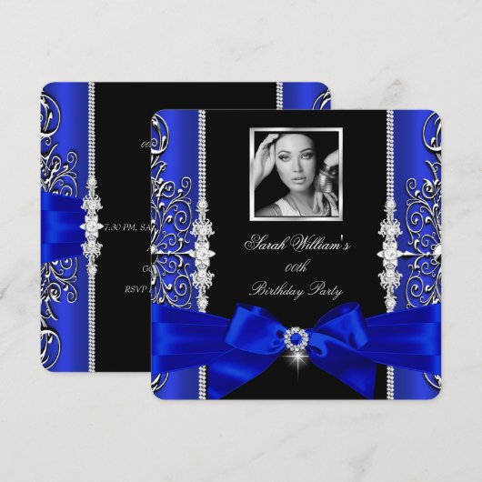 Royal Blue Bow Birthday Party Black Silver Foto 3 Kaart (Voorkant / Achterkant)