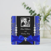 Royal Blue Bow Birthday Party Black Silver Foto 3 Kaart (Staand voorkant)
