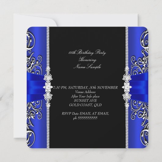 Royal Blue Bow Birthday Party Black Silver Foto 3 Kaart (Achterkant)