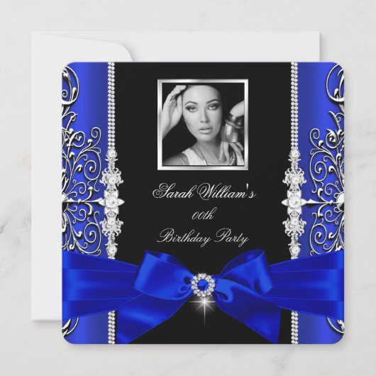 Royal Blue Bow Birthday Party Black Silver Foto 3 Kaart (Voorkant)
