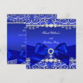 Royal Blue Bow Birthday Party Black Silver Kaart (Voorkant / Achterkant)