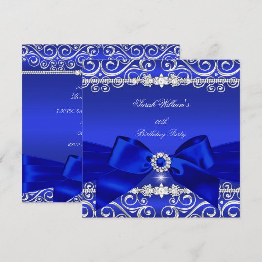 Royal Blue Bow Birthday Party Black Silver Kaart (Voorkant / Achterkant)