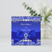Royal Blue Bow Birthday Party Black Silver Kaart (Staand voorkant)