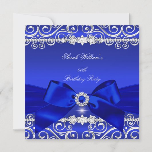 Royal Blue Bow Birthday Party Black Silver Kaart (Voorkant)