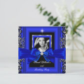 Royal Blue Bow Birthday Party Silver Foto Kaart (Staand voorkant)