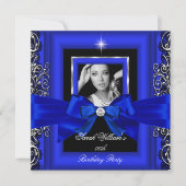 Royal Blue Bow Birthday Party Silver Foto Kaart (Voorkant)