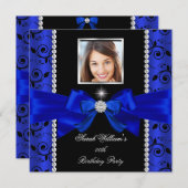 Royal Blue Bow Damask Birthday Party Silver Foto Kaart (Voorkant / Achterkant)