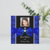 Royal Blue Bow Damask Birthday Party Silver Foto Kaart (Staand voorkant)