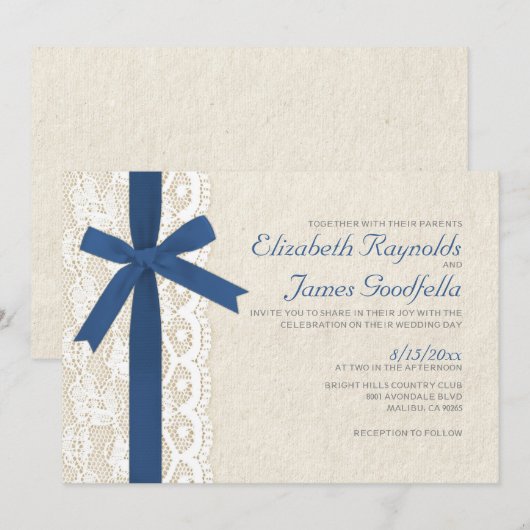 Royal Blue Bow & Lace Wedding Invitations Kaart (Voorkant / Achterkant)