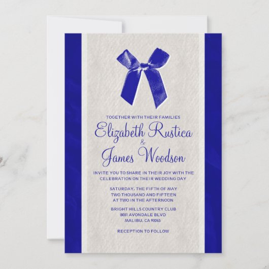 Royal Blue Bow & Linen Wedding Invitations Kaart (Voorkant)