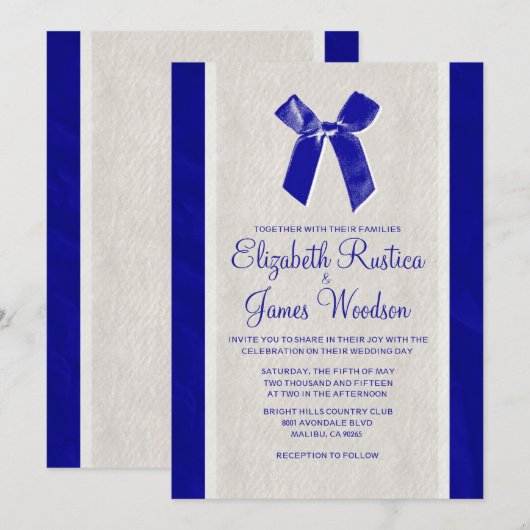 Royal Blue  Bow & Linen Wedding Invitations Kaart (Voorkant / Achterkant)