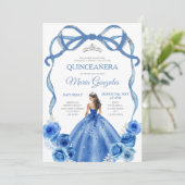 Royal Blue Bow Princess Zilveren Kroon Quinceañera Kaart (Staand voorkant)