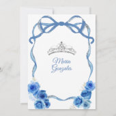 Royal Blue Bow Princess Zilveren Kroon Quinceañera Kaart (Achterkant)