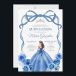 Royal Blue Bow Princess Zilveren Kroon Quinceañera Kaart<br><div class="desc">EDITABLE Royal Blue Bow Princess Gold Crown Quinceañera Uitnodiging Elegante Royal Blue Floral Princess Jurken Quinceañera Meisje Verjaardag Uitnodigen Zilveren Kroon Mis Quince Anos,  15e Verjaardag Party</div>