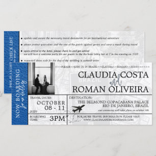 Royal Blue Brazilië Bruiloft Boarding Pass uitnodi