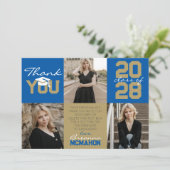 Royal Blue & Bronze 3 Foto Afstuderen Dank u Kaart (Staand voorkant)