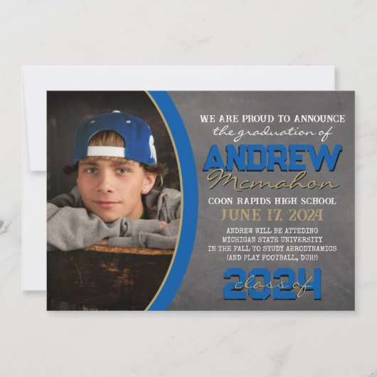 Royal Blue & Bronze Chalkboard Afstudeerder Kaart (Voorkant)