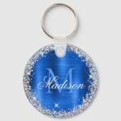 Royal Blue Brushed Metal Silver Glitter Monogram Sleutelhanger (Voorkant)