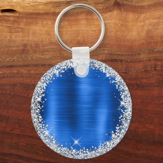 Royal Blue Brushed Metal Silver Glitter Monogram Sleutelhanger (Achterkant)