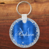 Royal Blue Brushed Metal Silver Glitter Monogram Sleutelhanger (Voorkant)