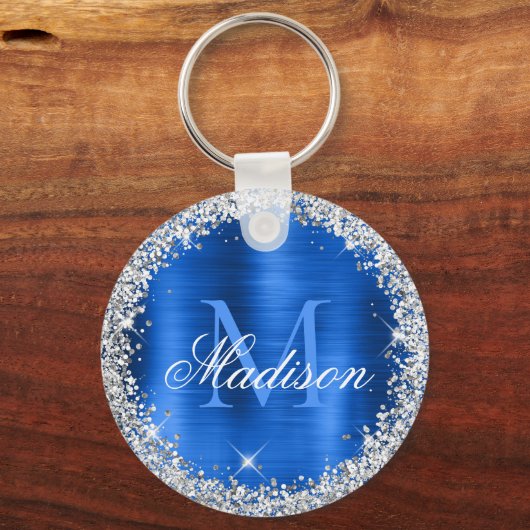 Royal Blue Brushed Metal Silver Glitter Monogram Sleutelhanger (Voorkant)