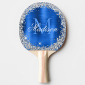 Royal Blue Brushed Metal Silver Glitter Monogram Tafeltennisbatje (Voorkant)