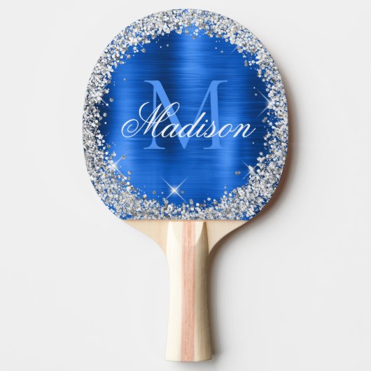 Royal Blue Brushed Metal Silver Glitter Monogram Tafeltennisbatje (Voorkant)