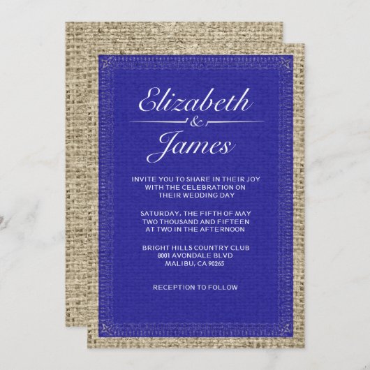 Royal Blue Burlap Wedding Invitations Kaart (Voorkant / Achterkant)