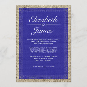 Royal Blue  Burlap Wedding Invitations Kaart