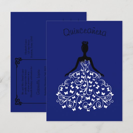 Royal Blue Butterfly Gown Quinceanera uitnodiging (Voorkant / Achterkant)