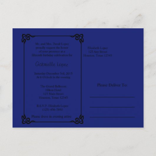 Royal Blue Butterfly Gown Quinceanera uitnodiging (Achterkant)