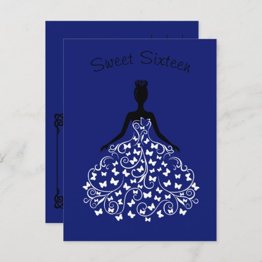 Royal Blue Butterfly Gown Sweet Sixteen Uitnodigin Uitnodiging Briefkaart (Voorkant / Achterkant)
