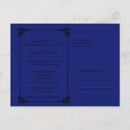 Royal Blue Butterfly Gown Sweet Sixteen Uitnodigin Uitnodiging Briefkaart (Achterkant)