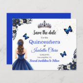 Royal Blue Butterfly Quinceañera Save the Date (Voorkant / Achterkant)