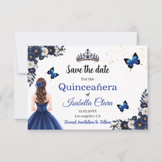 Royal Blue Butterfly Quinceañera Save the Date (Voorkant)