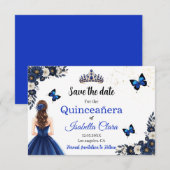 Royal Blue Butterfly Quinceañera Save the Date (Voorkant / Achterkant)