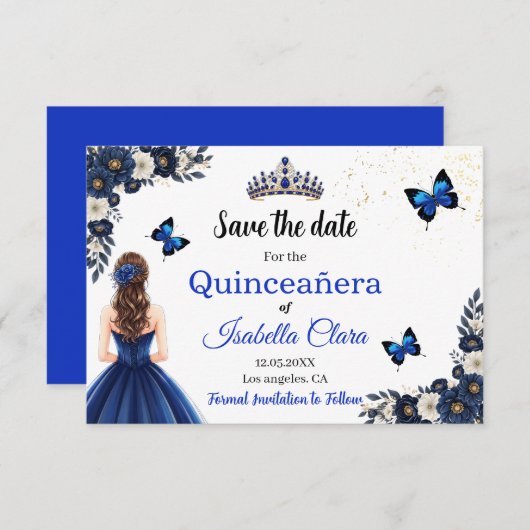 Royal Blue Butterfly Quinceañera Save the Date (Voorkant / Achterkant)