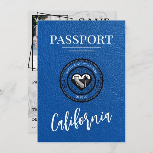 Royal Blue California Passport Bewaar de datum Save The Date (Voorkant / Achterkant)